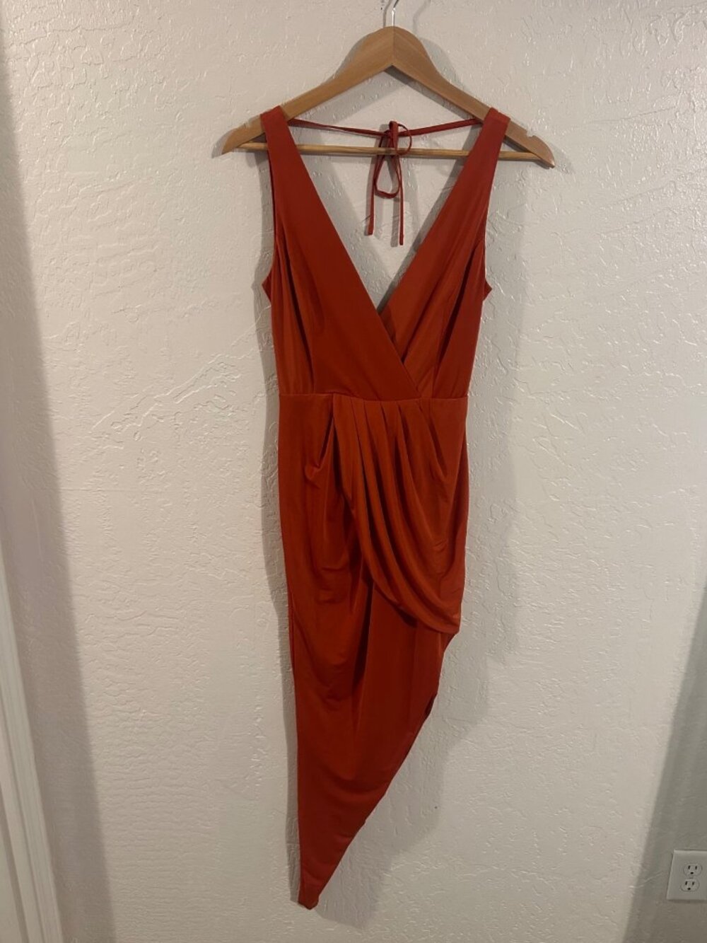 AX Paris Asymmetrical Terracotta Orange Draped Wrap Midi Cocktail Dress